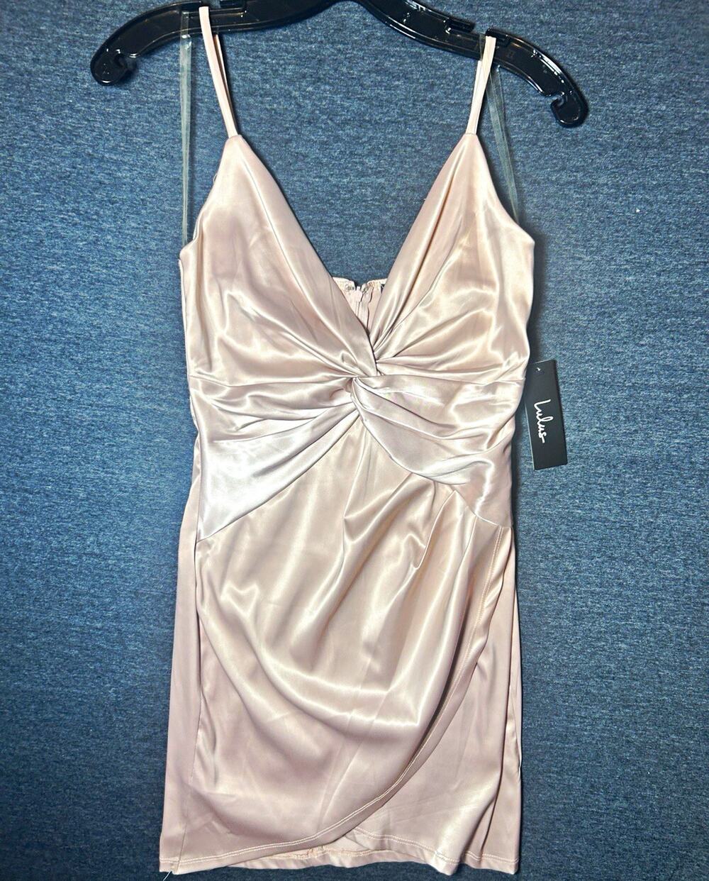 Lulus Satin Ruched V-Neck Strappy Mini Bodycon Dress champagne Size S